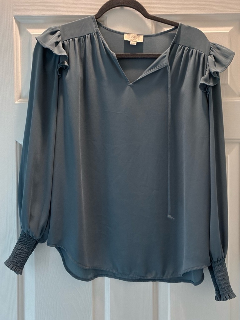 LOFT Dusty Blue Ruffle Shoulder Long-Sleeve Blouse